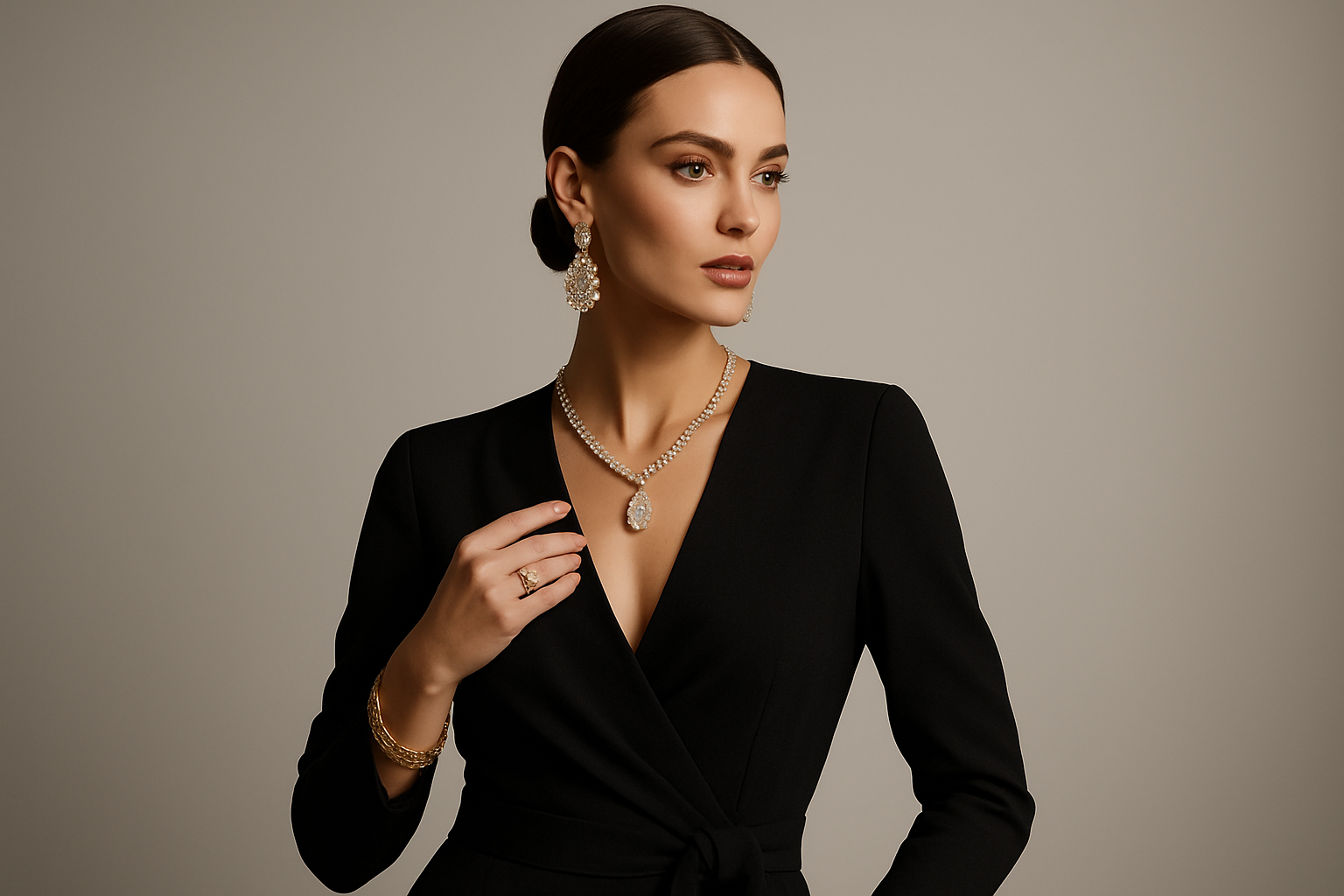hazme una imagen de una modelo con ropa de marca y joyeria
